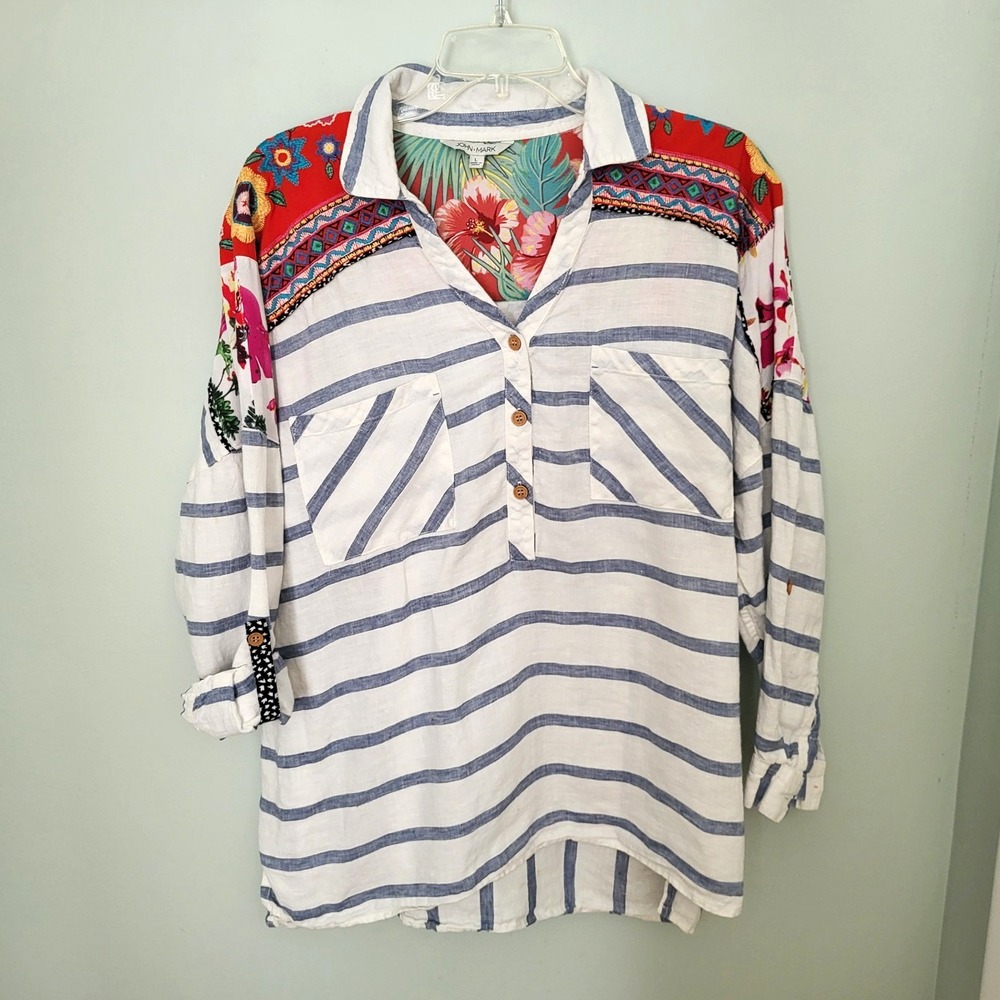 John Mark Women L Linen Blend Striped Button Front Embroidered  Blouse Roll Tab